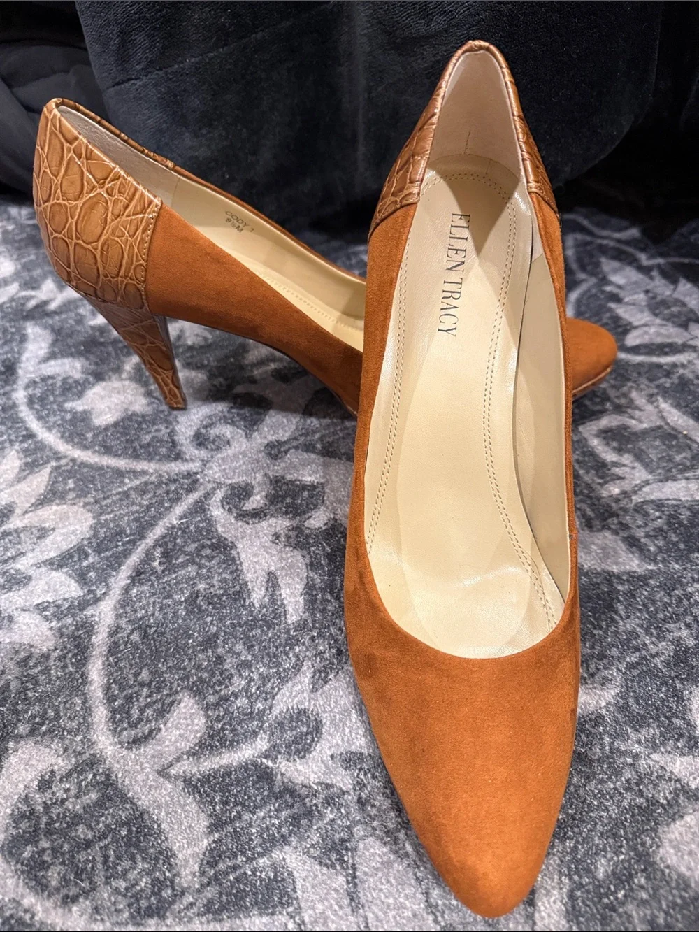 Ellen Tracy Cody Suede Pointed-Toe Pumps with Croc-Embossed Heel Cognac/Brown